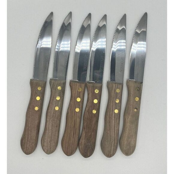 Oneida PIONEER Wood Handle Serrated Steak Knives Stainless Steel Blade Set Of 6 - Picture 2 of 5